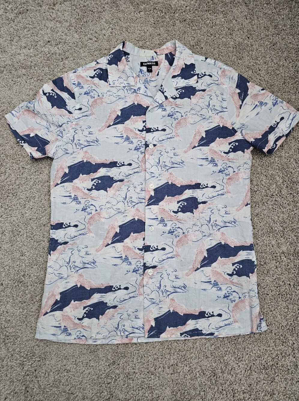 Express Button Up, Pink & Blue Fish Print, Size S